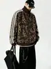 Jaqueta Retro Americana com Gola Alta Estampa de Leopardo para Homens e Mulheres Outono Casual Cardigã com Zíper Moletom Jaqueta Esportiva Listrada Solta