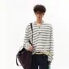 Camiseta de manga larga de retazos a rayas estilo miu con botones de cuerno, unisex, suéter casual de otoño moderno de corte holgado, top simple