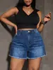 Nuevos shorts de mezclilla lavada de moda transfronteriza europea y americana para mujer, de cintura alta, elásticos, con abertura lateral, sueltos, de pierna ancha, con dobladillo de flecos