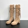 Botas de Montar Caídas de Tacón Grueso Largas Estilo Europeo y Americano Nuevas 2025 para Mujer, Aumentadoras de Altura 8cm, con Borla Tejida, Color Caqui