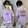 Camiseta de manga larga para niño, top infantil 100% algodón, colección otoño 2026, informal, con rayas, patchwork, imitación de dos piezas, capa base para niños mayores