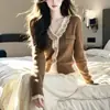 Suéter de renda, malha rad, cardigã marrom, único e requintado, estilo francês de alta qualidade, roupas femininas de outono e inverno, top de outono