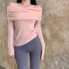 Blusa de Tricô de Manga Comprida para Início do Outono, Ombro a Ombro, Ajustada, Tricô Camada Base, Ombros à Mostra, Blusa Feminina, Estilo Elegante para o Trabalho
