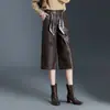 Calças de couro da moda de perna larga para mulheres, novo estilo outono/inverno 2026, cintura alta, emagrecedoras, casuais, versáteis, calças cropped de perna reta para baixinhas