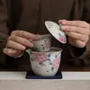 Conjunto de Chá Cerâmico de Viagem com Flores de Cerejeira Pintadas à Mão, Uma Bule e Três Xícaras, Conjunto de Chá Kung Fu Portátil para Exterior