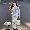 Conjunto Casual de Chicas Estilo Escolar con Sudadera con Capucha de Retazos Rayados con Solapa, Talla Mediana a Grande