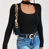 Estilo Europeo y Americano Transfronterizo 2023 Otoño Nuevo Camiseta de Punto Acanalada de Felpa de Manga Larga con Cuello U para Mujer Casual Versátil