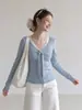 Forever21 Top de Punto Manga Larga Calado de Encaje Bloque de Color Gris Oscuro para Mujer Otoño Falso Dos Piezas Adelgazante