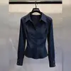 Camisa Azul Marino de Manga Larga Estilo Sencillo para Mujer Elegante Chic Casual Muy Atractiva Ceñida a la Cintura Adelgazante Versátil Top para el Trabajo