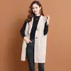 Chaleco cárdigan de punto de imitación lana para mujer, otoño e invierno, talla grande, longitud media, con capucha, suéter chaqueta de color liso