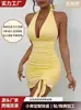 Vestido Corto Ajustado de Cuello Halter con Escote en V Profundo, Estilo Europeo y Americano, con Cintura Fruncida y Lazo Lateral, Hecho a Medida Transfronterizo