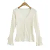 T404-26 Cardigan de Punto para Mujer, Estilo Coreano de Otoño, Corte Delgado, Fresco, Dulce, Cuello en V, Liso, Calado, Manga Campana, Manga Larga, Ropa de Abrigo