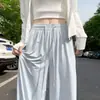 Pantalones de pierna ancha de seda de hielo azul para mujer, estilo fino de verano, nuevo modelo 2026, pantalones rectos de cintura alta con protección solar, holgados y frescos con una bonita caída