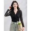 Ropa de Mujer de Comercio Exterior Enviado*2026 Otoño/Invierno Nuevo Delgado Cuello en V Manga Larga Malla Camiseta Base para Mujer Ropa Interior Superior