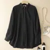 Fotos reais de blusa cardigã de algodão e linho plus size feminina, novo estilo 2026, design abotoado aprimorado, gola alta, manga longa, mangas morcego