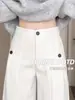 Pantalones de Traje de Pana Off-White para Mujer, Novedad Primavera 2026 de Cintura Alta Adelgazantes Estilo Perezoso Abotonados con Forro de Felpa Rectos de Pierna Ancha