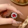 Anel de Zircônia Vermelha Cravejado com Diamantes, Exquisito, Simples e Generoso, Ajuste Aberto, Atacado de Joias Europeias e Americanas para Transmissões ao Vivo no TikTok