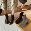 Botines de gamuza gris para mujer con tacón grueso para otoño e invierno, punta redonda, cremallera trasera, diseño ajustado, versátiles, forrados de felpa, elegantes y versátiles, botas elásticas