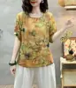 Camiseta Artística de Algodão e Linho Feminina Cor Top Solta Casual Retro para o Trabalho Verão Manga Curta Estampada Moderna Camiseta