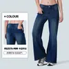 Nuevos pantalones vaqueros de punto de pierna ancha de cintura alta transfronterizos para mujer, adelgazantes y realzadores de glúteos, con bigotes y detalles desgastados, pantalones casuales elásticos