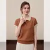 Camiseta de Manga Corta con Cuello Polo y Rayas Marrones para Mujer, Diseño de Punto de Seda Helada de Verano, Top Corto Holgado
