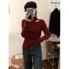 Top de Punto Base con Diseño Hueco Estilo Coreano para Mujer, Suéter Ajustado para Otoño/Invierno que Muestra la Clavícula