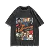 2026 Camiseta de Algodón Lavado Vintage Estilo Americano Transfronteriza Estampado de Calavera de Halloween Camiseta de Manga Corta Lavada Desgastada para Hombres y Mujeres