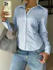 Camisa de moda transfronteiriça europeia e americana da Amazon, camisa feminina slim fit de manga longa com colarinho e listras finas para uso casual e no trabalho