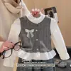 Cárdigan de principios de otoño para niñas, look en capas con un lazo de cuentas, de manga larga, amigable con la piel, cómoda capa interior, top para bebé