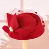 Sombrero de Red Vintage Británico para Mujer, Estilo Azafata, con Lazo de Perlas, Sombrero de Banquete, Sombrero para Actuación en Escenario, Bombín de Fieltro de Lana para Mujer