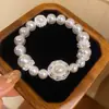 Elegante e requintado! Pulseira de pérolas com laço de zircônia e cristais rosas, joia de nicho estilo vintage francês para mulheres