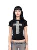 Nova Camiseta Quente de Verão Europeia e Americana para Mulheres, com Cruz de Strass, Ombro a Ombro, Decote em V, Manga Curta, Camisa Base Solta para Primavera e Verão