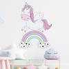 FX-F180 Lindo unicornio arcoíris morado con nubes, pegatinas de pared para habitación infantil, guardería y hogar.