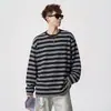 Camiseta de manga larga a rayas de bloques de color retro americano, top versátil de capa base a la moda para hombre de otoño, ajuste holgado adelgazante