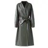 Abrigo de Cuero Haining para Mujer, de Longitud Media, Doble Botonadura, con Cinturón, Elegante Gabardina, Nueva Chaqueta de Cuero de Otoño e Invierno