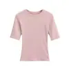 Blusa Pequena de Gola Redonda e Manga Três Quartos para o Verão Meninas Quentes Sexy Cintura Fina Emagrecimento Curta Cor Sólida Ombro Direito Emagrecimento Mangas Curtas
