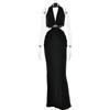 Moda Ins Europeia e Americana Cruzada Gola Halter Decote em V Profundo Costas Abertas Vestido Longo Feminino Sexy Sexy Justo
