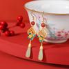 Pendientes largos de plata de ley S925 bañados en oro con diseño de ciervo, jade hetiano, cloisonné, moneda vintage, hierba de cuatro hojas y flor de ciruelo.