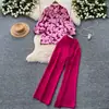 Estilo Nicho Europeo y Americano Maduro Ligero Camisa Estampada de Manga Linterna Set de Dos Piezas para Mujer Otoño Pantalones Casuales de Pierna Ancha Adelgazantes de Cintura Alta