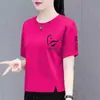 Moda Mãe Transfronteiriça Camiseta de Manga Curta para Meia-Idade, Blusa Solta Plus Size para Mulheres Curvilíneas, Camisa de Manga Meia-Manga Emagrecedora que Esconde a Barriga