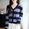 Suéter Jacket de Punto Fino Otoño Elegante con Borlas Rayado de Cuello en V para Mujer Moda Bordes Crudos Transfronterizo Bloques de Color Ajuste Holgado