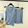 Conjunto de Roupa de Casa com Regata Grande de Gola U e Shorts para Mulheres Verão Básico Fino Sem Mangas Top e Calça Conjunto de Duas Peças