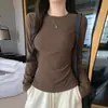 Camiseta Básica de Manga Larga con Cuello Redondo Pequeño Cepillado para Mujer Estilo Otoño Versátil Capa Interior Base Top Adelgazante