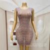 Amazon Comércio Exterior Europeu e Americano Nova Moda Vestido Curto Sexy Justo Malha Transparente Elegante Justo no Quadril Cheio de Strass