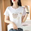 Camiseta estampada com Mickey e coração, gola redonda, preto e branco, algodão mercerizado coreano, modelagem slim, para o trabalho, primavera e verão, nova, manga curta feminina