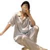 Pijama de Seda Helada con Solapa Estilo Coreano Transfronterizo con Estampado Floral para Mujer Verano Lujo Ligero Ropa para el Hogar Manga Corta Ropa Exterior Venta al por Mayor