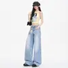 Calça Jeans Wide Leg Azul Claro Bordada Outono 2026 Nova Cintura Alta Solta Modeladora Estilo Americano Calça Reta Venda por Atacado