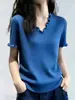 Top de Tricô de Renda Azul com Decote V Estilo Minimalista para Mulheres Verão 2026 Novo Manga Curta Solto Versátil Estilo Decente