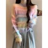 Suéter de punto con costuras de terciopelo de imitación de visón para mujer, color degradado, estilo perezoso de otoño e invierno, suave, pegajoso, holgado, cuello redondo, suéter de rayas