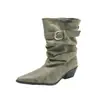 2026 Nuevas Botas de Moda Europeas y Americanas de Punta Fina con Tacón Grueso Apilado y Hebilla de Cinturón Única, Tacón Medio, Caña Ancha, Botas de Moda a la Mitad de la Pantorrilla